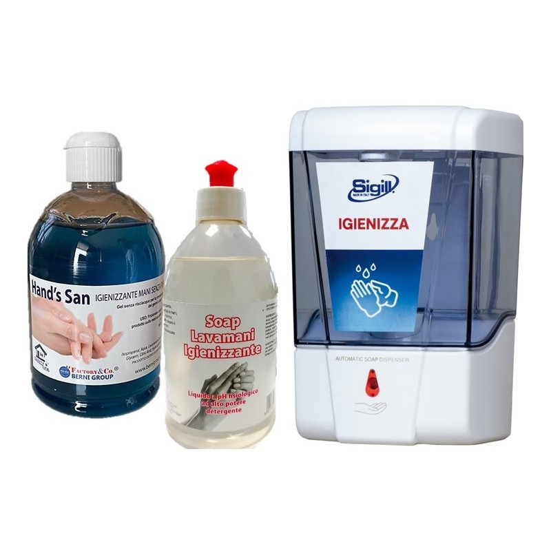 Dispenser Sigill + Gel mani con alcool o Sapone igienizzante 500ml